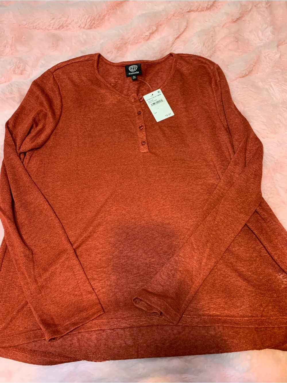 bobeau women’s Long-Sleeve Henley Shirt - Rust Orange